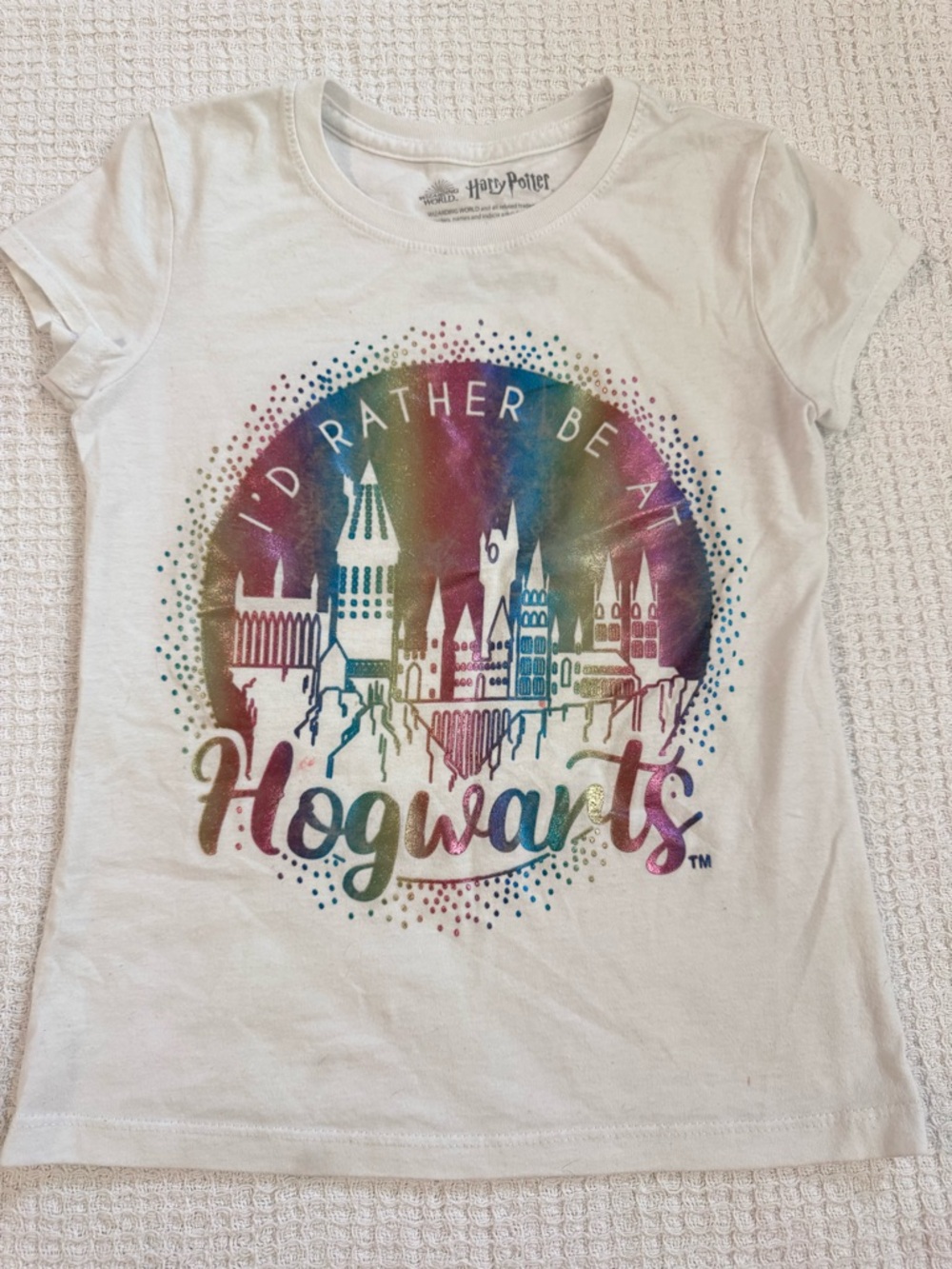 Harry Potter Girls Sz 7 8 Hogwarts White Rainbow Graphic I’d Rather Be At Tshirt